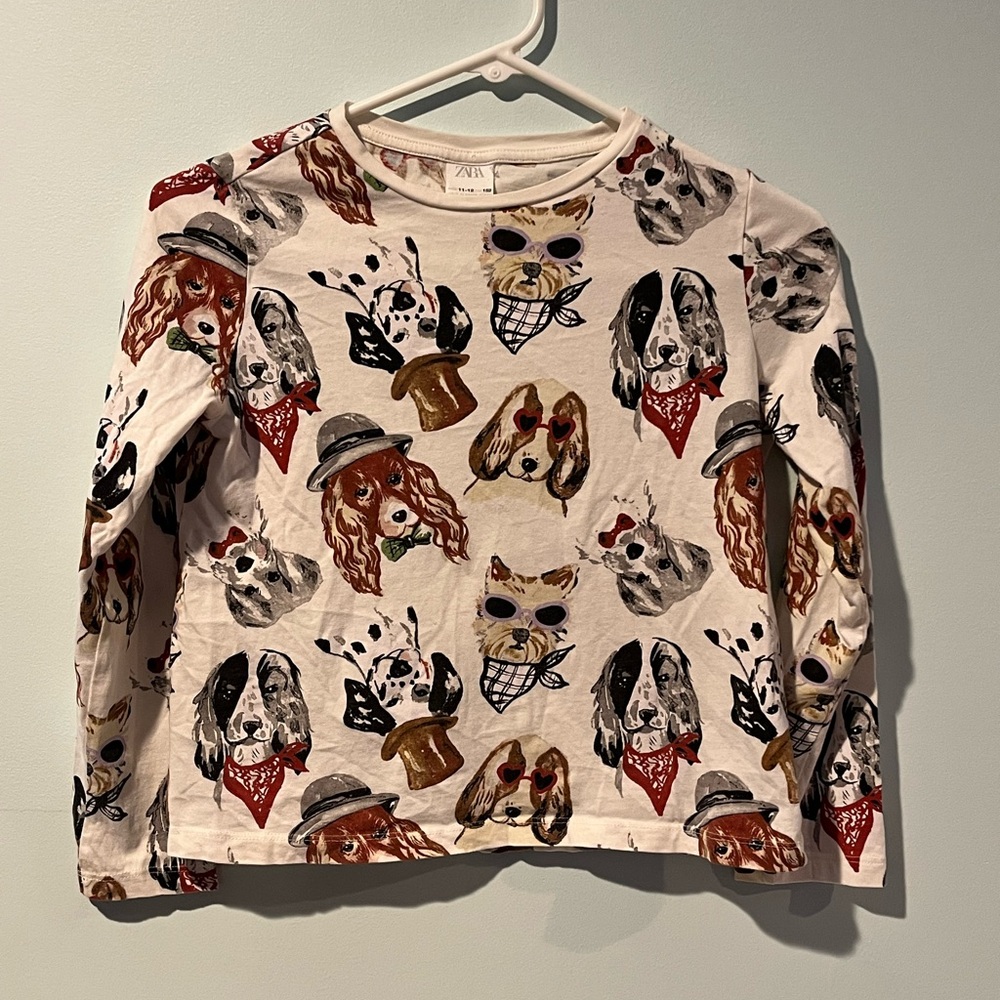 Zara Kids White Dog Print T-Shirt Long Sleeve Crewneck 100% Cotton, Size 11-12